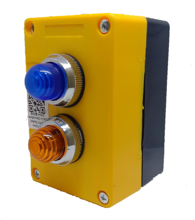 Blue and yellow pilot lamp 220V with Box featuring two illuminated indicators for work and safety applications