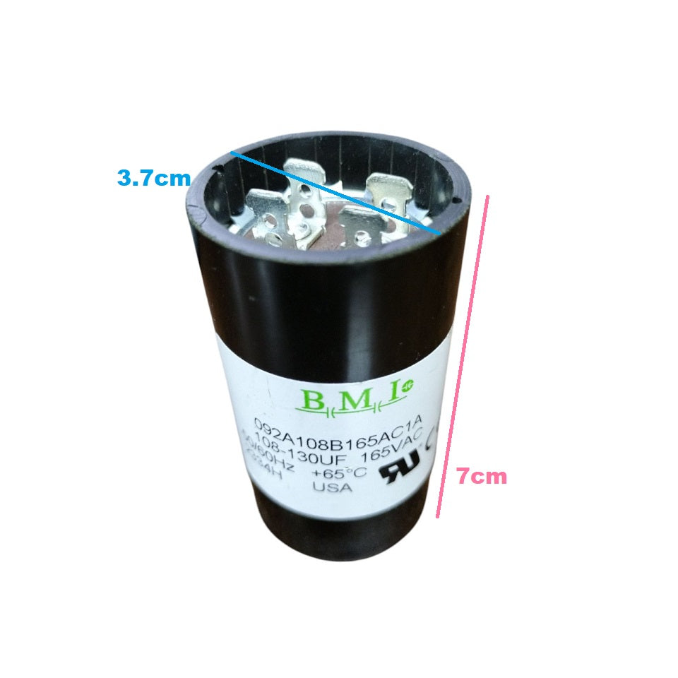 BMI 108-130mfd capacitor 165v with a black casing and connection terminals for electrical applications