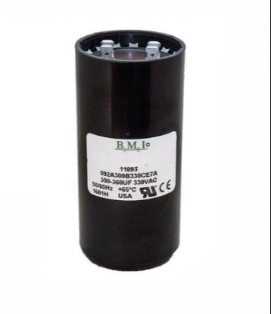 BMI 330V AC capacitor for motors with a black cylindrical design and label specifications