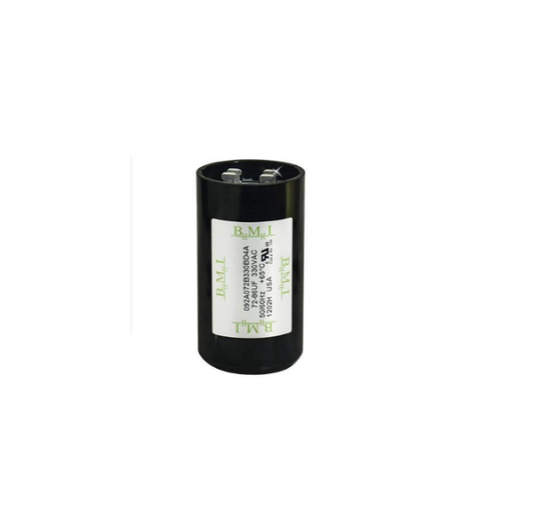BMI capacitor 72-86MFD for motors in black casing with labeled specifications