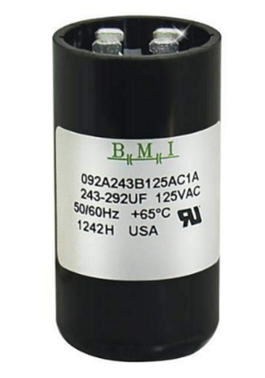 BMI motor start capacitor 243-292UF 125VAC rated for 50/60Hz and up to 65 degrees Celsius