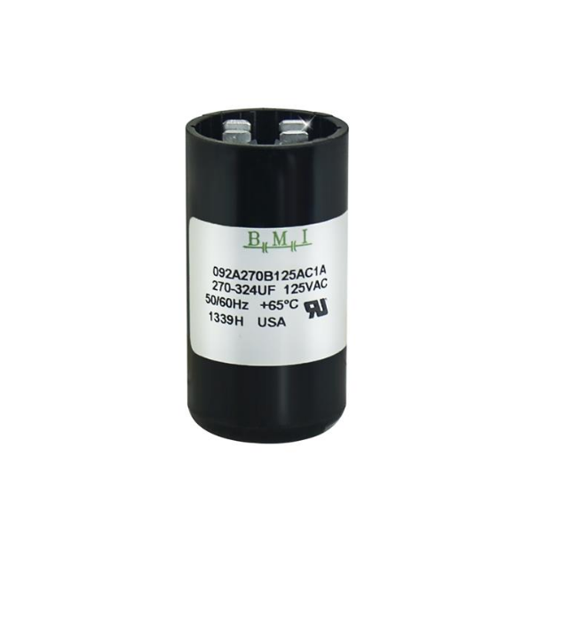 BMI motor start capacitor 270-324uF designed for 125VAC applications in a compact black casing