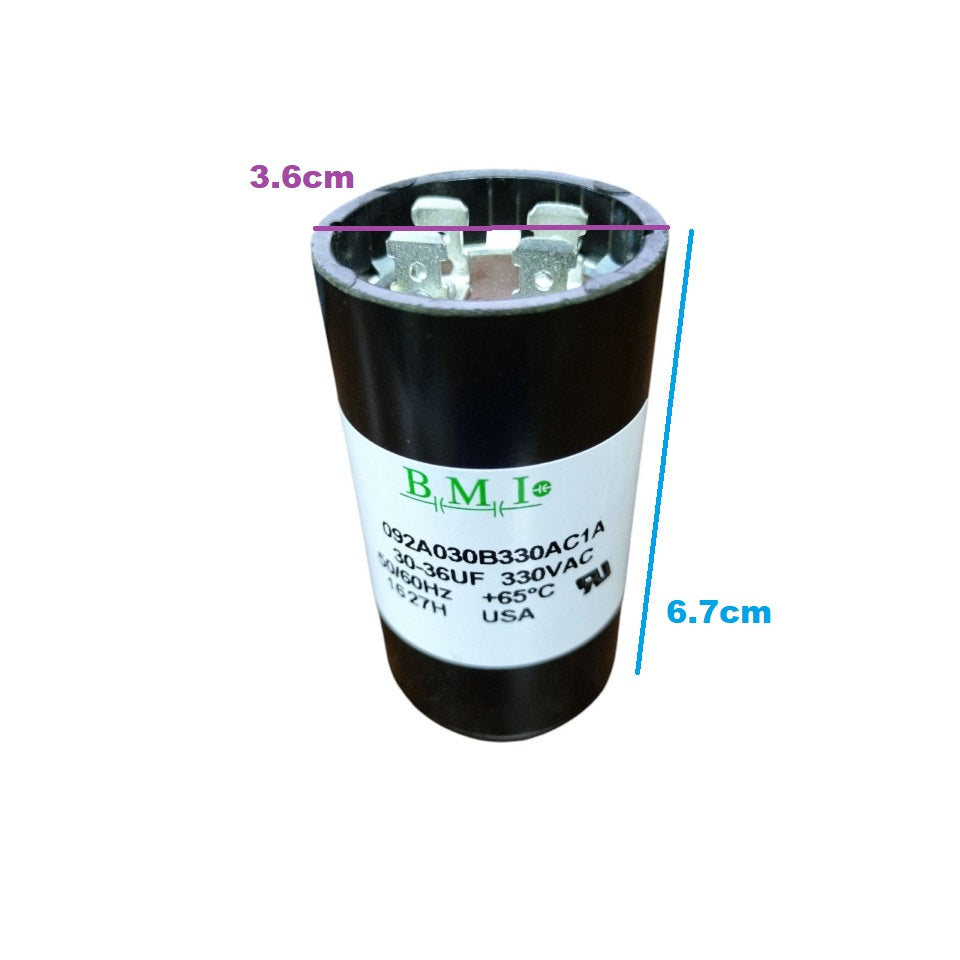 BMI motor start capacitor 30-36uf 330v in black casing with connector terminals