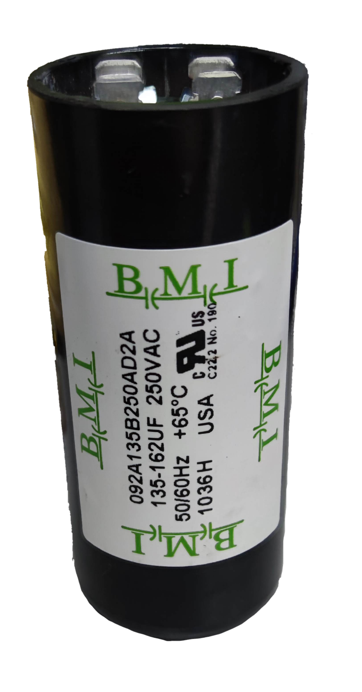 BMI motor starting capacitor 135-162 uf 250VAC cylindrical electrical component with label