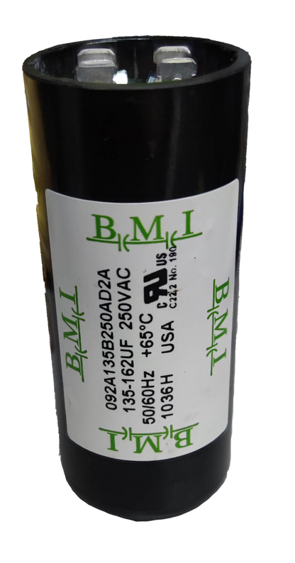 BMI motor starting capacitor 135-162 uf 250VAC cylindrical electrical component with label