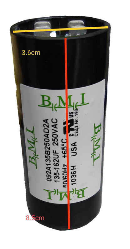 BMI motor starting capacitor 135-162 uf cylindrical electrical component with labeled specifications