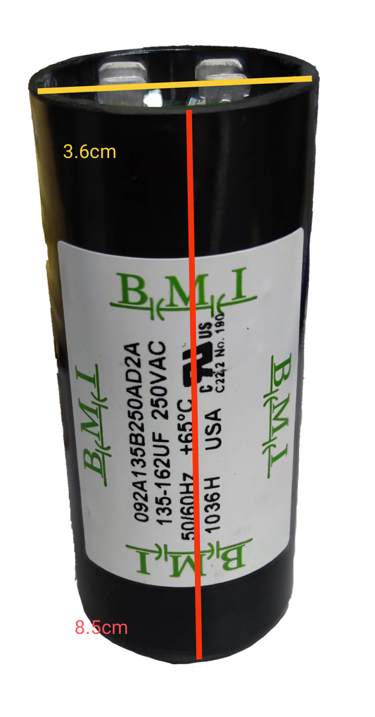 BMI motor starting capacitor 135-162 uf cylindrical electrical component with labeled specifications