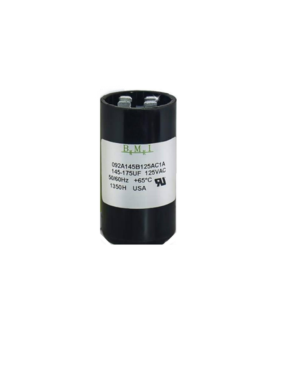 BMI motor starting capacitor 145-175 uf black cylindrical electrical part with label
