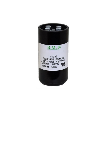 BMI motor starting capacitor 145-175 uf in black cylindrical casing for electrical circuitry