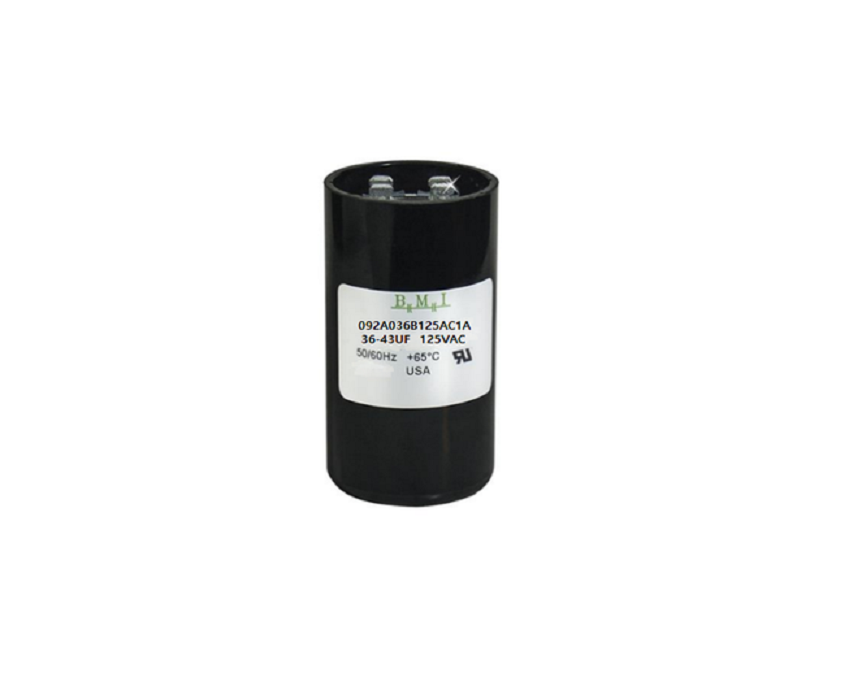 BMI Starting Capacitor 36-43 UF Black cylindrical electrical component with labeled specifications