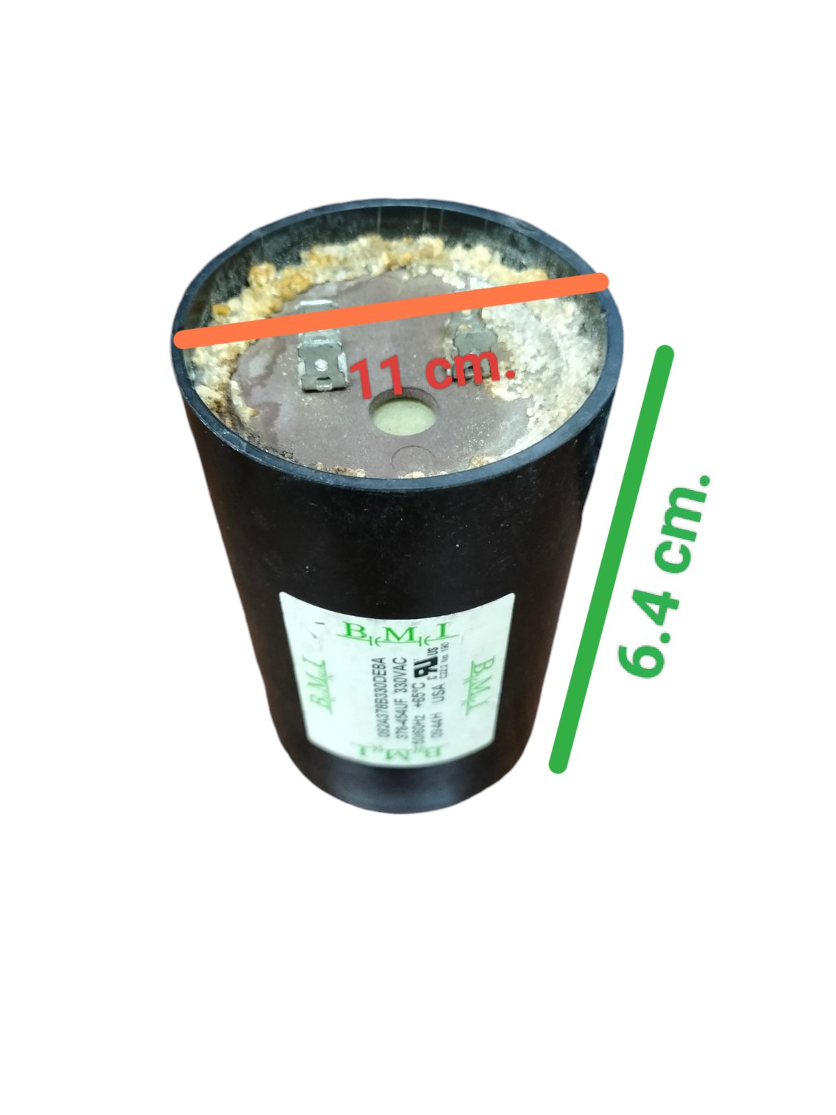BMI starting capacitor 378-454UF cylindrical electrical component with visible dimensions and label