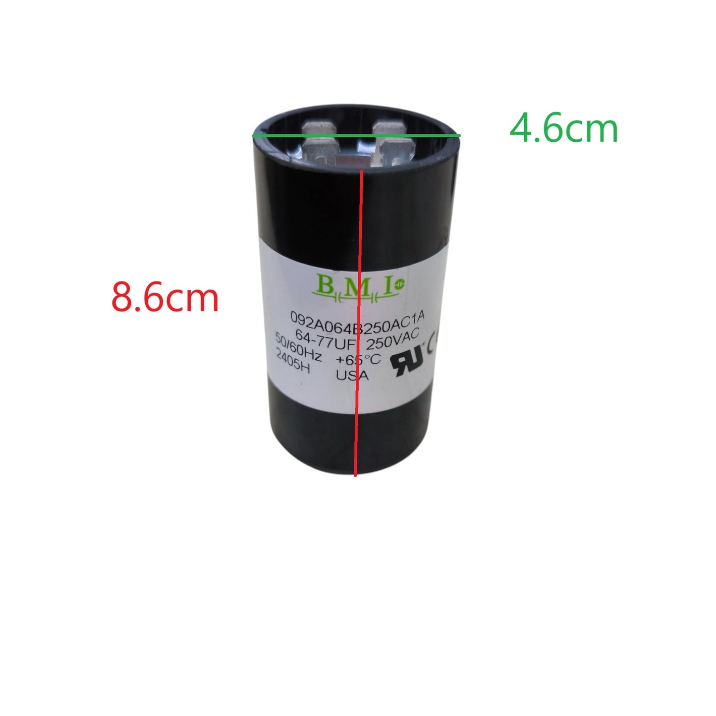BMI black cylindrical Starting Capacitor 64-77MFD 250V with white label and top electrical terminals