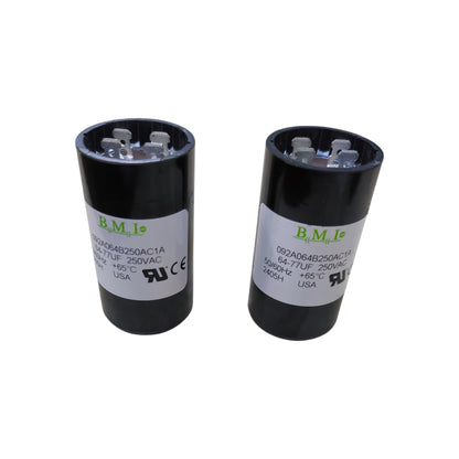 Two BMI Starting Capacitor 64-77MFD 250V black cylindrical motor start capacitors with terminals and labels