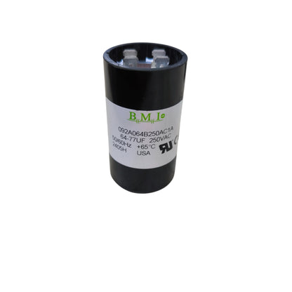 BMI black cylindrical Starting Capacitor 64-77MFD 250V with dual top terminals and white product label for motor start