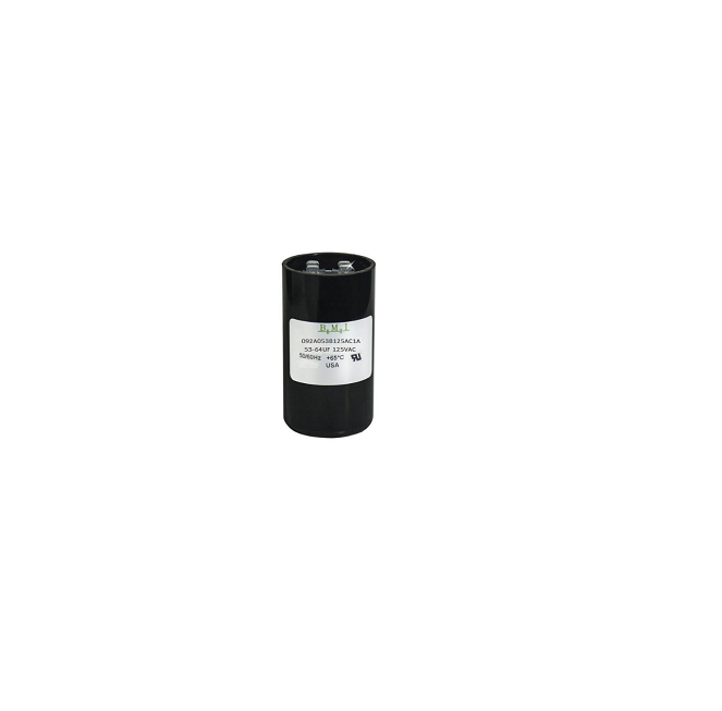 BMI 53-65 microfarad capacitor for motors in black cylindrical casing with metal terminals