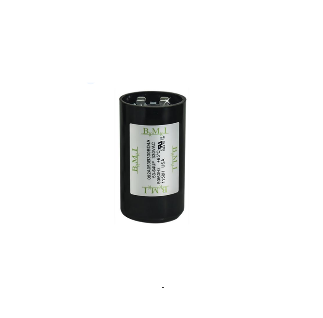B.M.I. 53-65 microfarad capacitor for motors with durable black casing and clear labeling