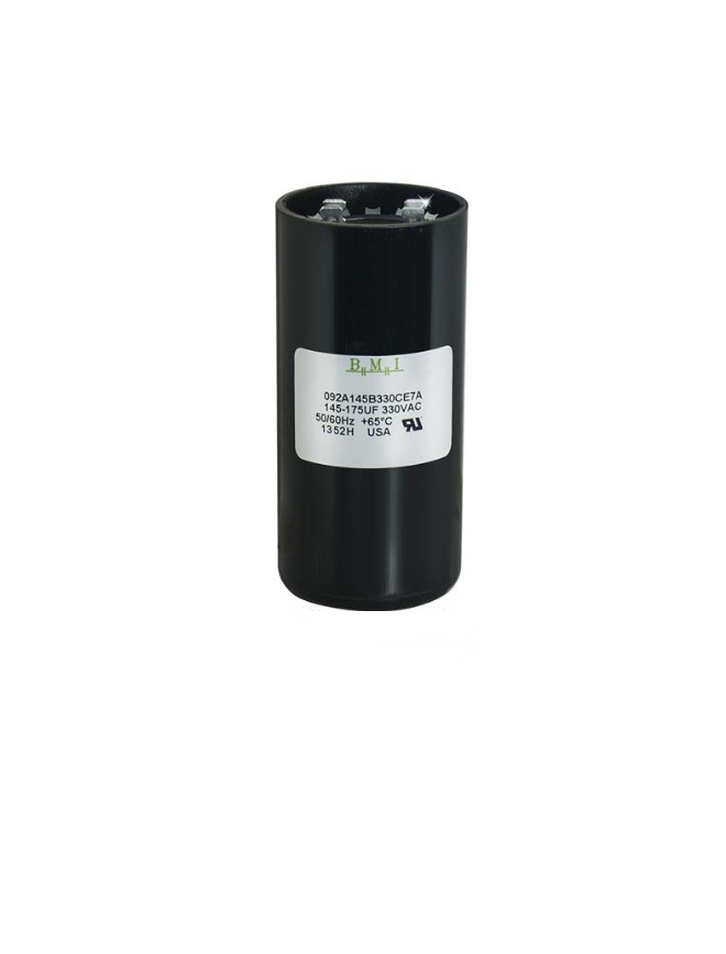 BMI black motor starting capacitor 330v cylindrical electrical component with label