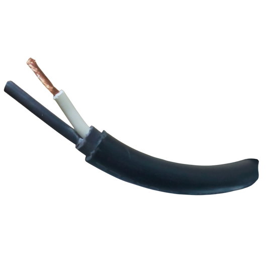 Boston Royal Cord AWG 12 2 Core black flexible twin cable showing black and white insulated conductors and exposed copper