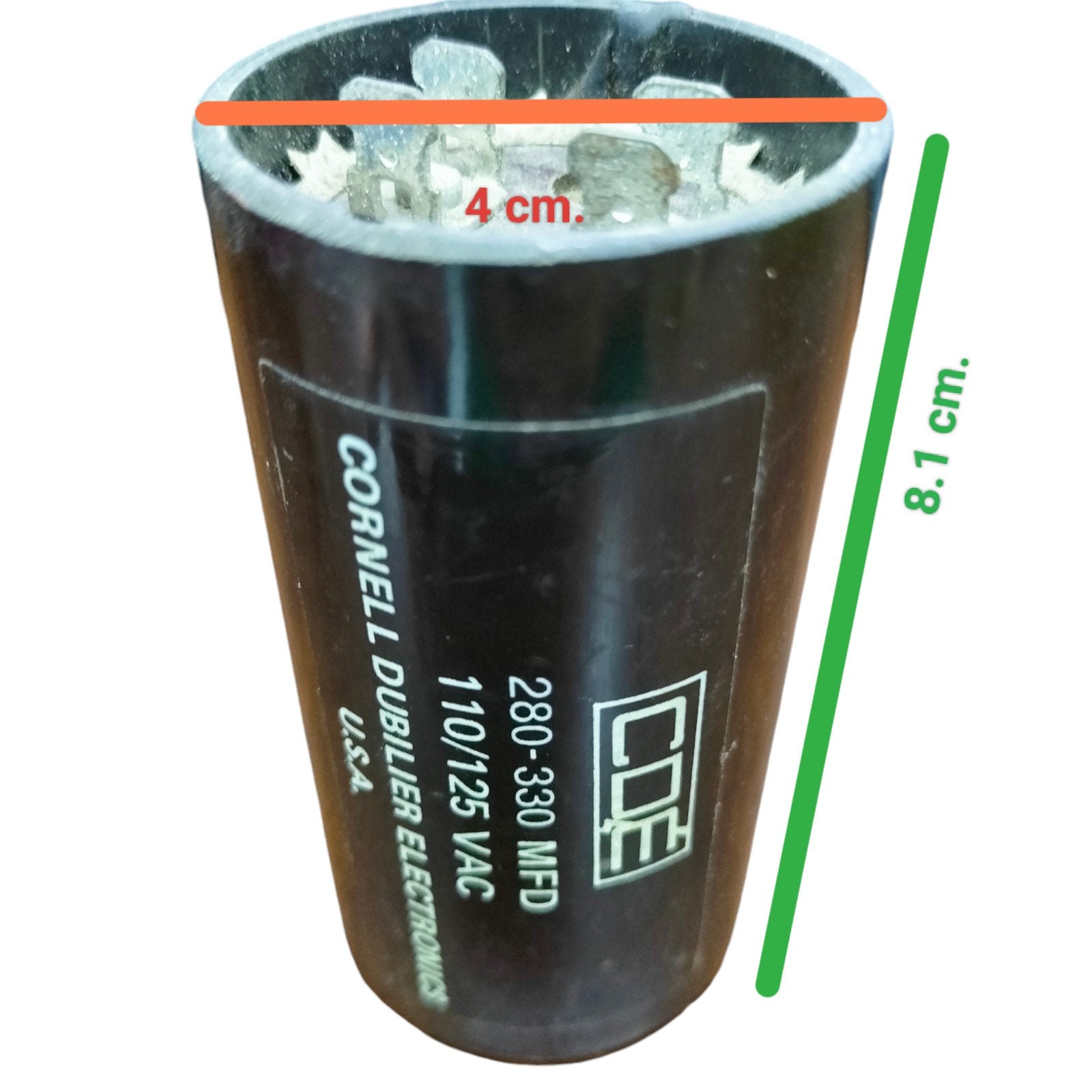 Brand CDE 280-330 MFD 110-125V electrical capacitor with black cylindrical body and labeled specifications