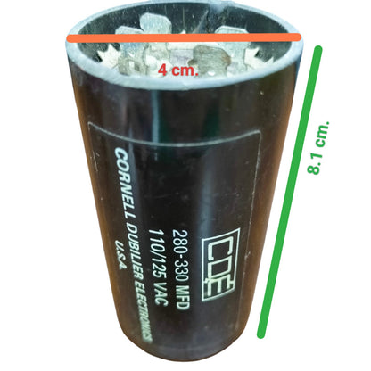 Brand CDE 280-330 MFD 110-125V electrical capacitor with black cylindrical body and labeled specifications