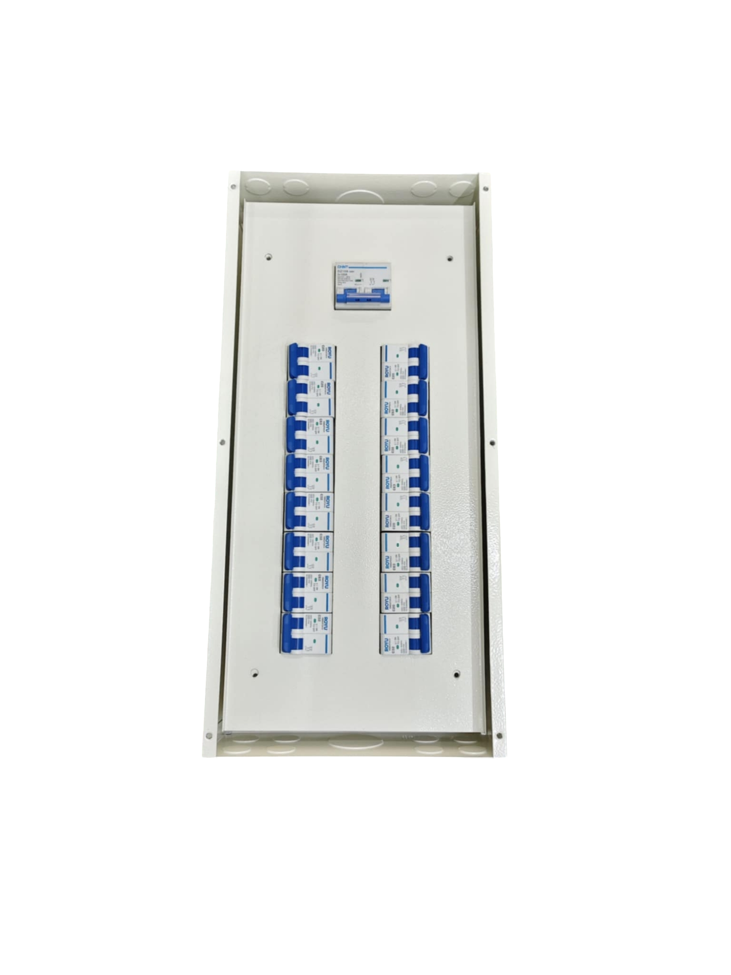 Chint electrical panel with 2 Pole Main and 16 Branches 2 Pole circuit breakers in white enclosure