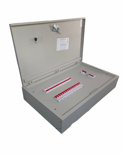 Himel 16 branch circuit breaker panel with open metal enclosure and red switches
