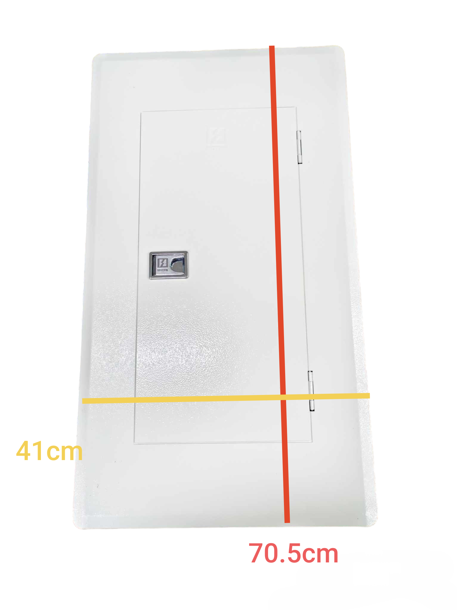 White miniature circuit breaker panel 12 branches with secured door and handle measuring 70.5 by 41 cm