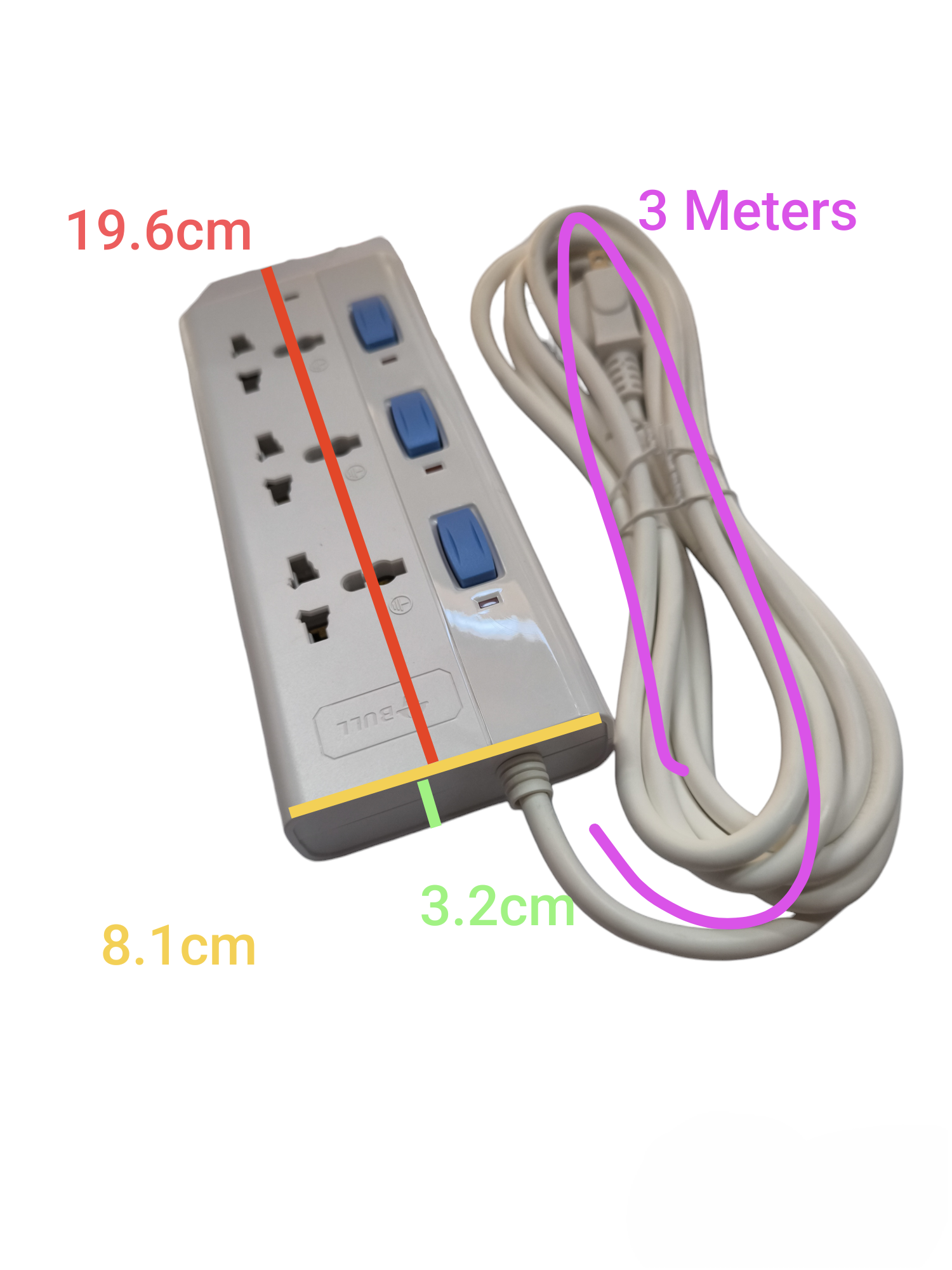 Bull 3 Gang Universal Outlet Extension Cord with three power switches and 3 meter cable