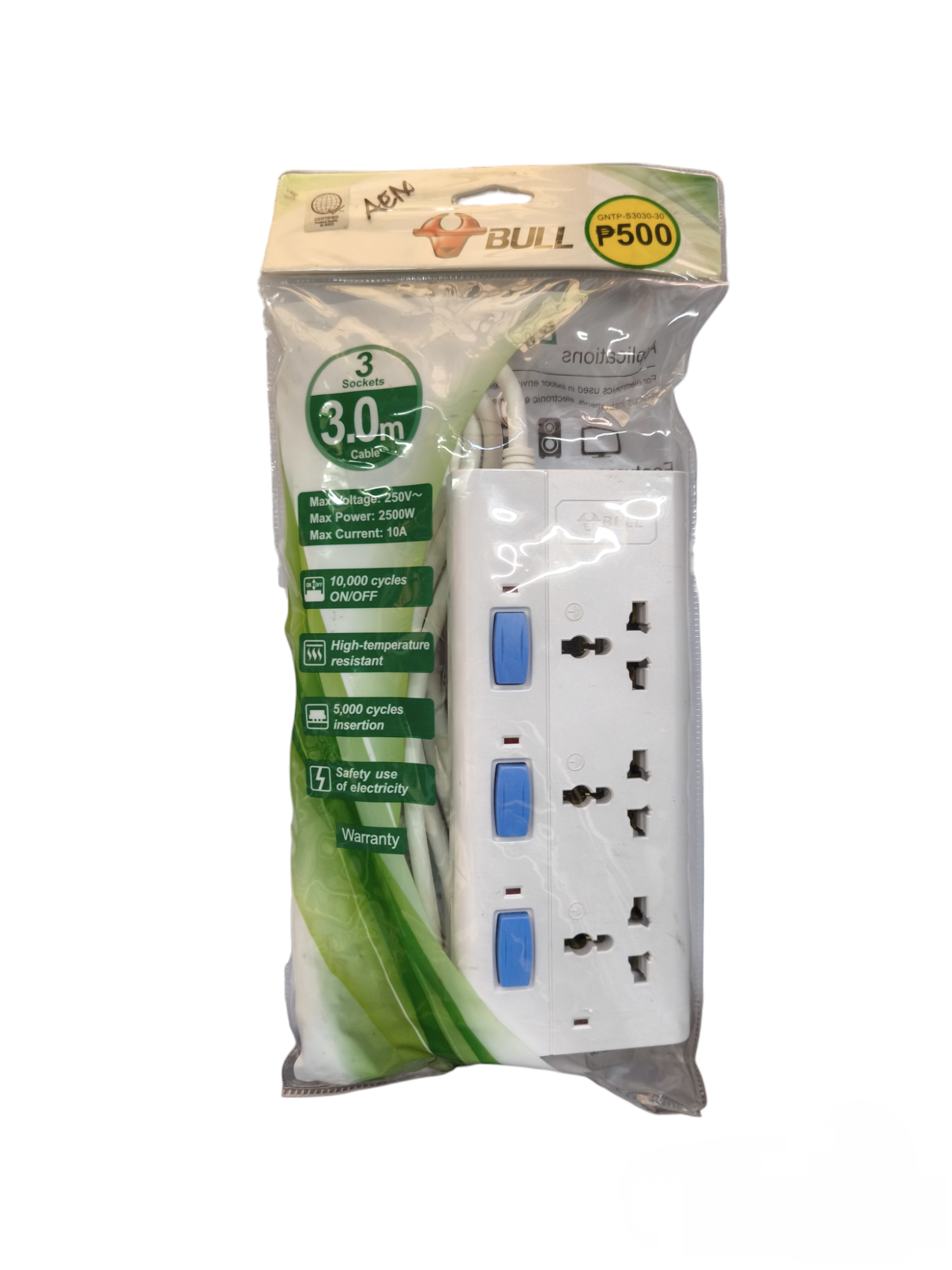 Bull 3 Gang Universal Outlet Extension Cord with 3 meter cable and individual switches