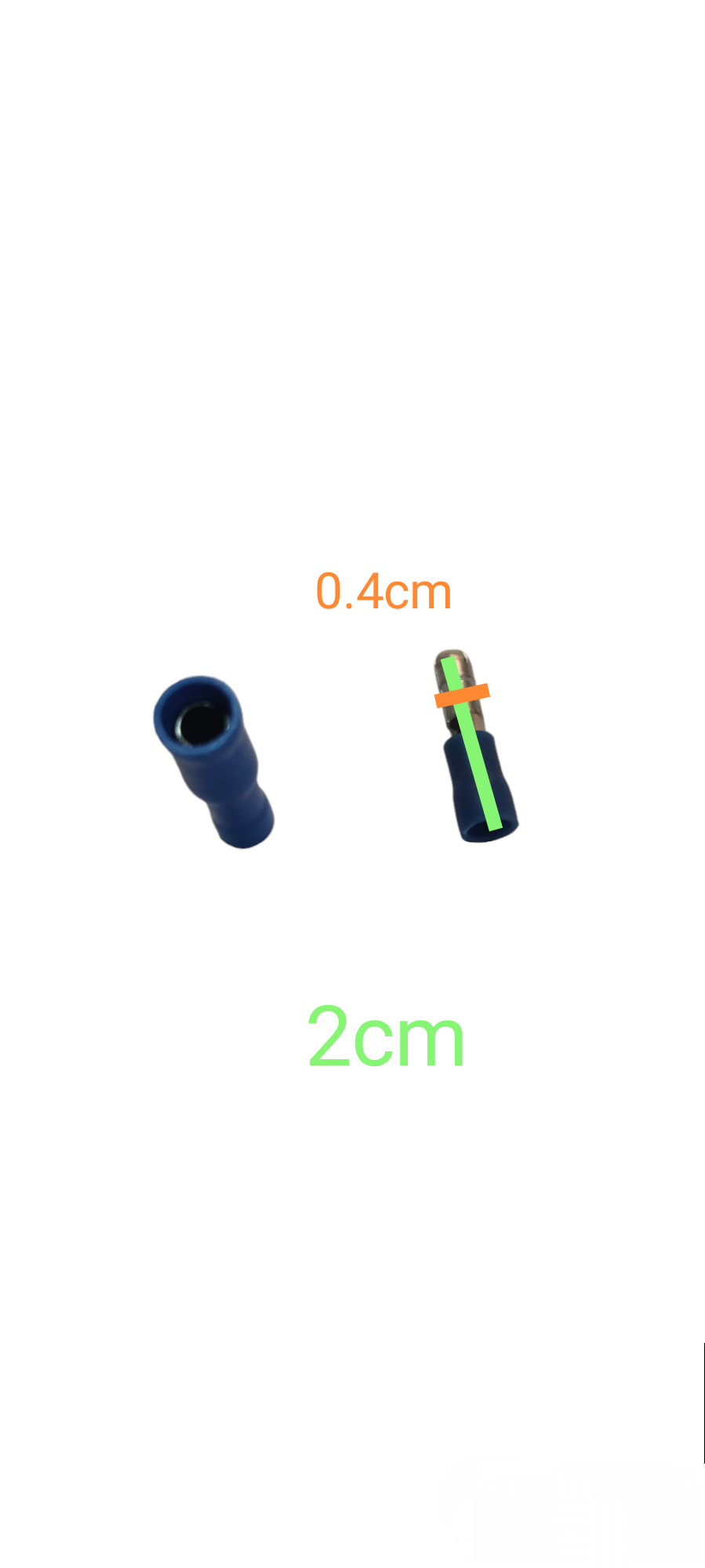 Blue Bullet Terminal Male and Female electrical connectors measuring 2cm by 0.4cm for wiring