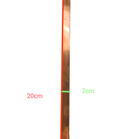 Copper electrical Bus Bar 4mm x 20mm with measurements marked in red and green
