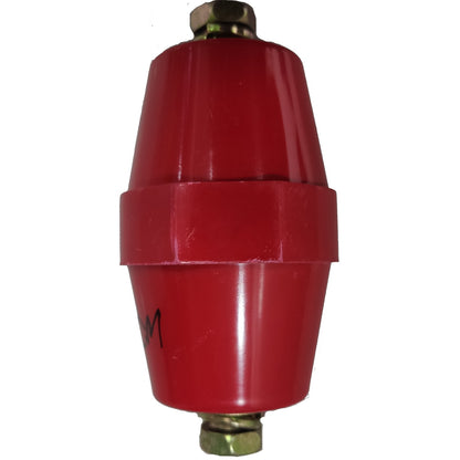 Red mechanical component with brass fitting on a white background
