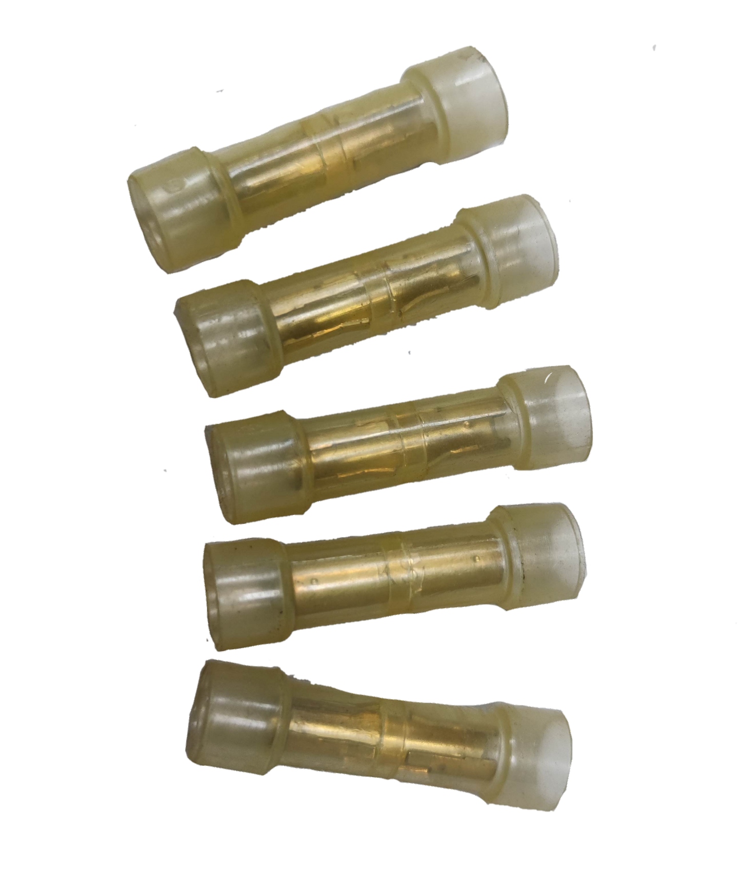 Five transparent Butt Connector with Insulation for secure electrical wire connections