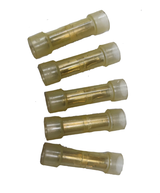 Five transparent Butt Connector with Insulation for secure electrical wire connections