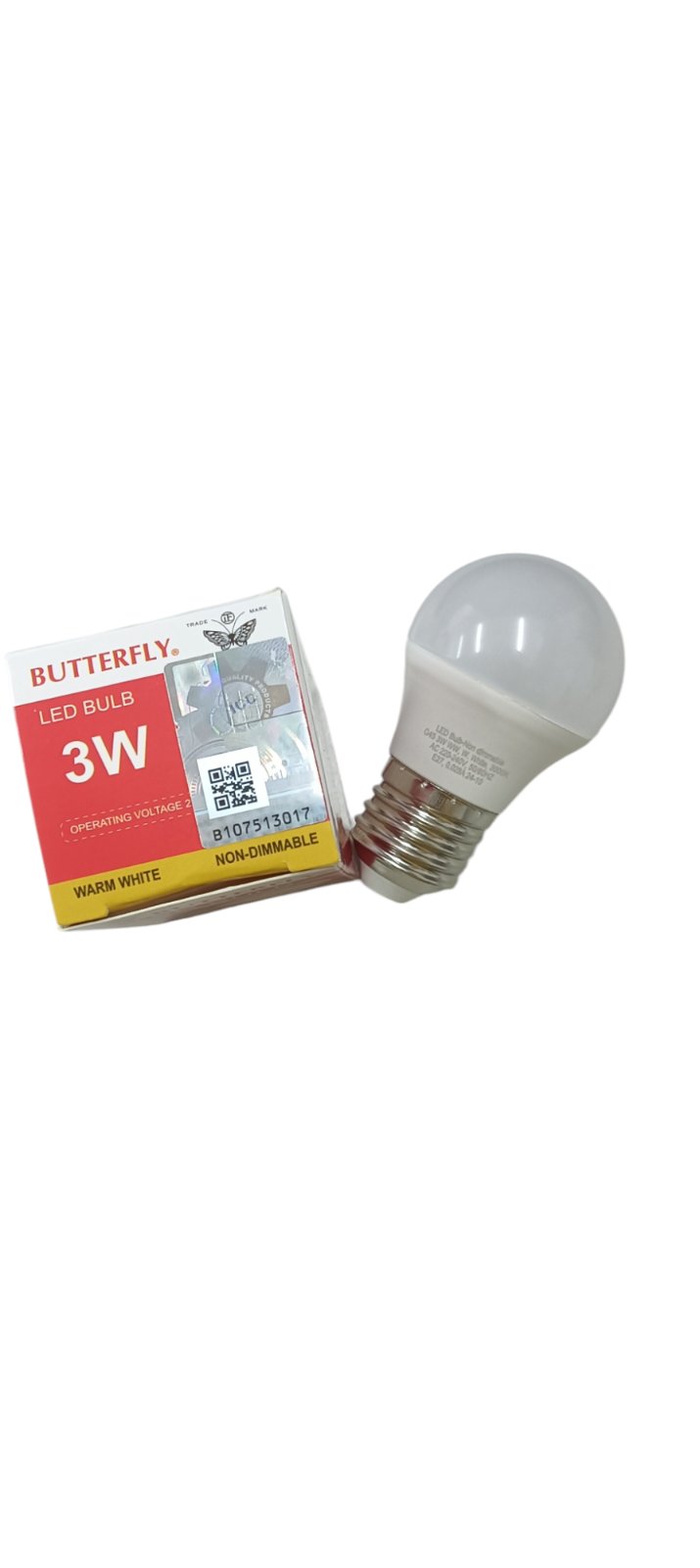 Butterfly 3W LED Bulb E27 220-240V displayed with its box on white background energy saving