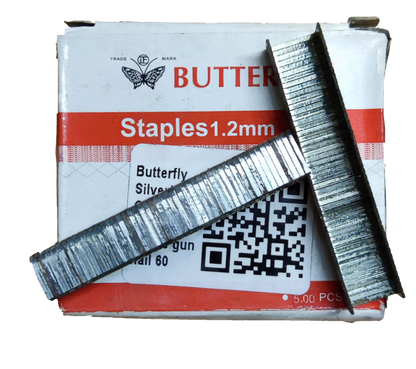 Butterfly staples box with two metal staple strips on top showing 1.2mm size and 500pcs box staple wires