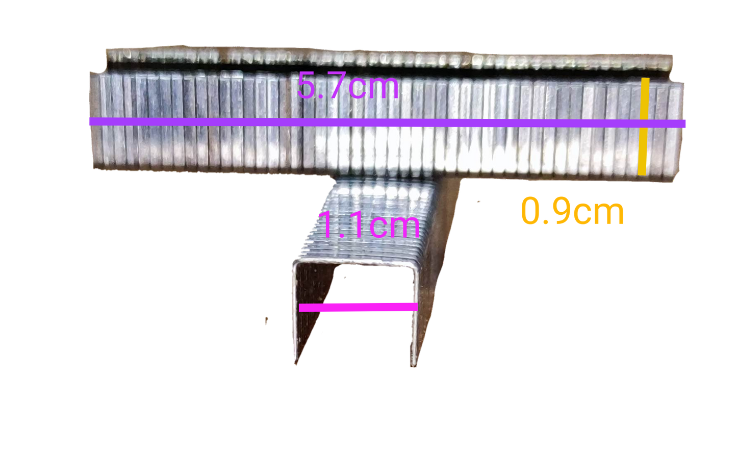 Butterfly metal staples close up with measurements labeled showing 500pcs box staple wires for desktop staplers
