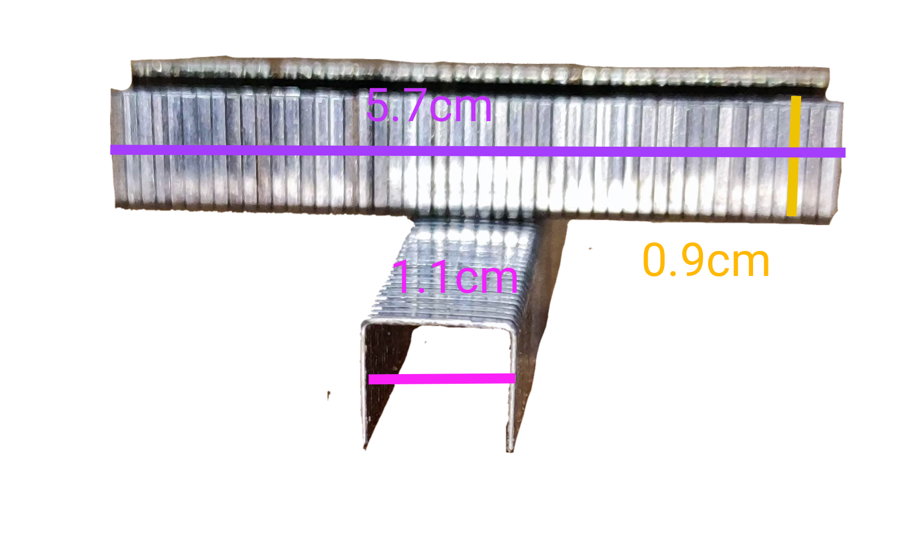 Butterfly metal staples close up with measurements labeled showing 500pcs box staple wires for desktop staplers