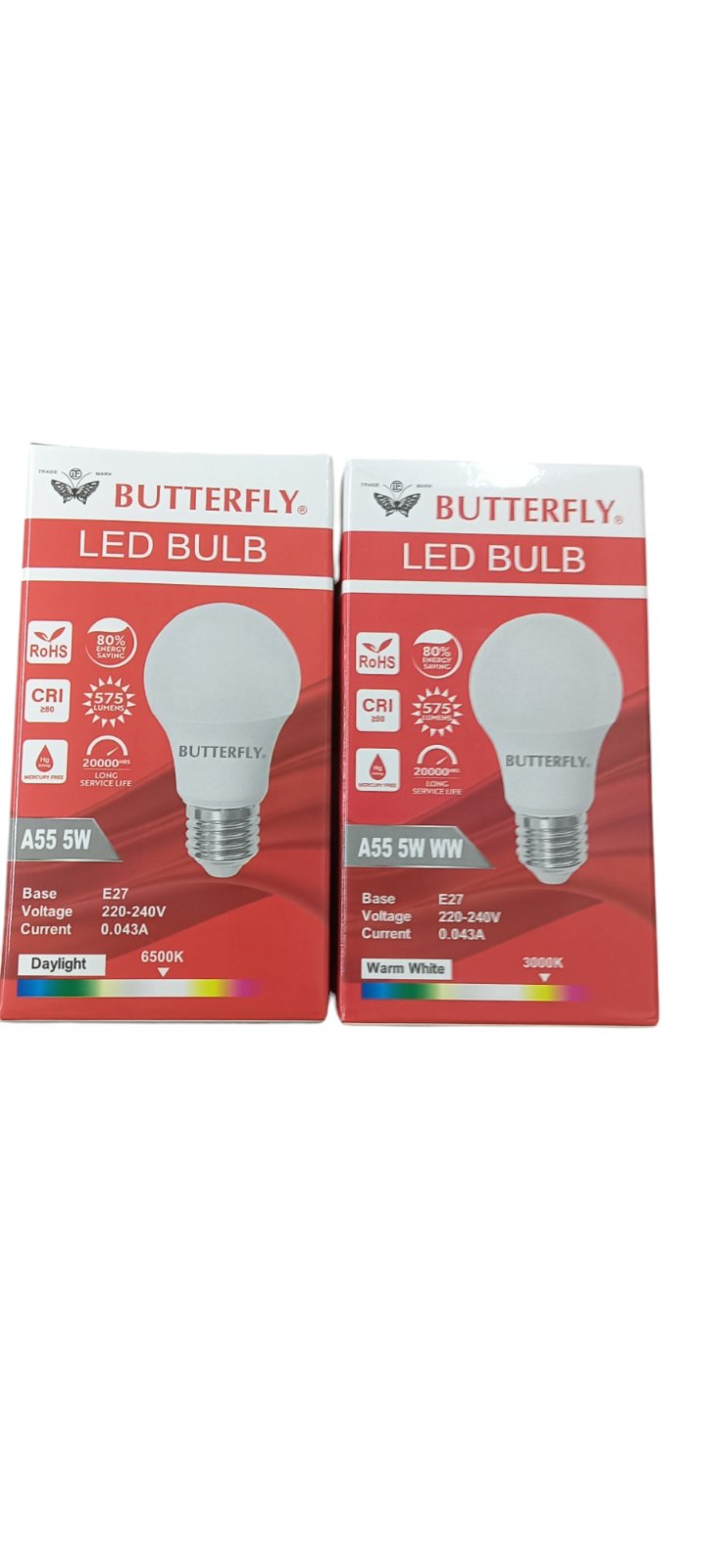 Butterfly 5W LED Bulb E27 220-240V packaging showing daylight and warm white light options