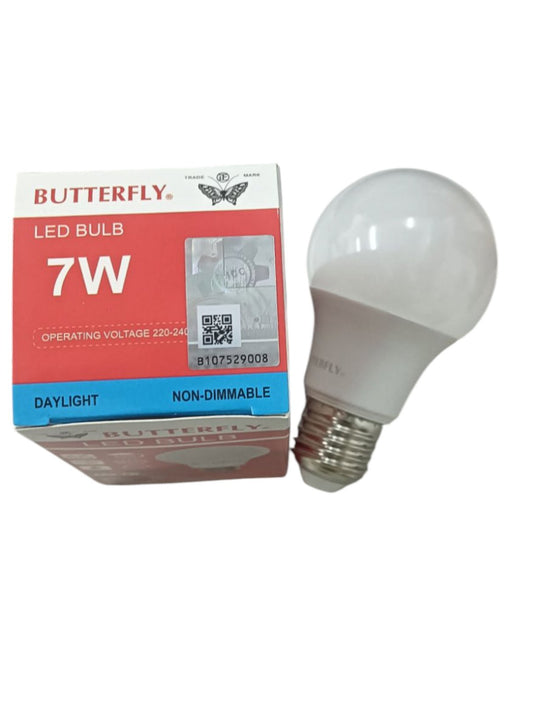 Butterfly 7W LED bulb daylight E27 with box showing non-dimmable feature and operating voltage