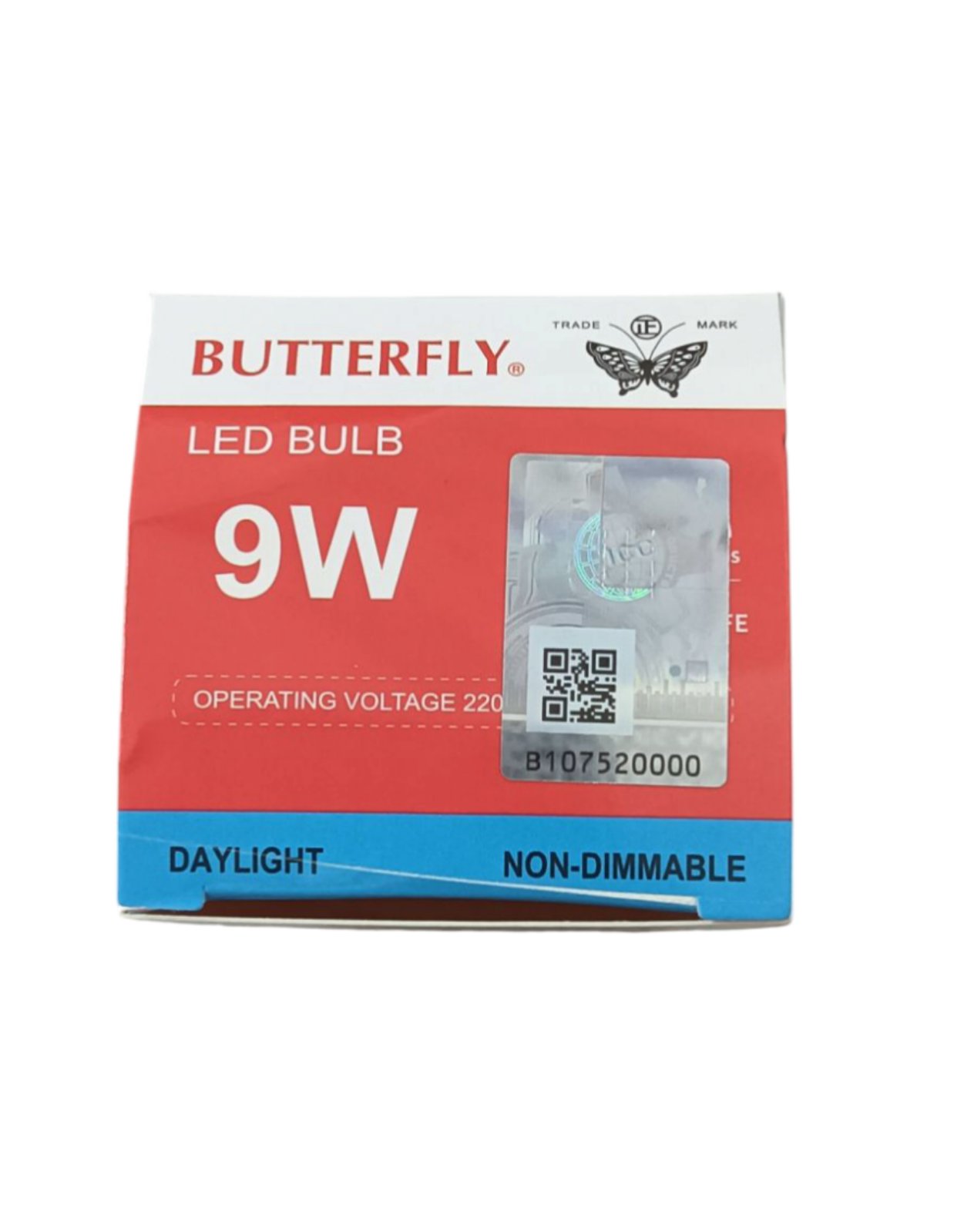 Butterfly 9W LED bulb daylight non-dimmable with operating voltage 220V in red and blue packaging