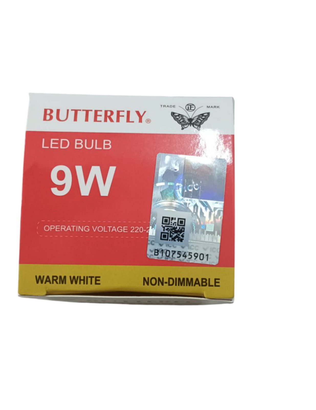 Butterfly 9W LED Bulb E27 220-240V Warm White non-dimmable packaged in red and yellow box