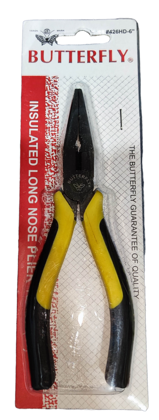 Butterfly Long Nose Plier 152mm 6 Inches with insulated yellow and black handles in packaging