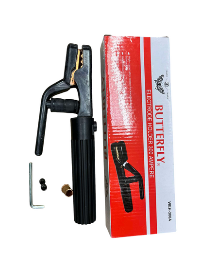 Butterfly Welding Rod Holder 300 Amperre with black handle and metal clamp next to its red and white packaging box