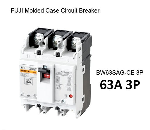 Fuji MCCB Molded Case Circuit Breaker BW63SAG-CE 63A 3Pole 10kAIC@230VAC, 7.5kAIC@380/440VAC, 5kAIC@500VAC Dimension (mm):75(W)x 100(H)x 60(D)