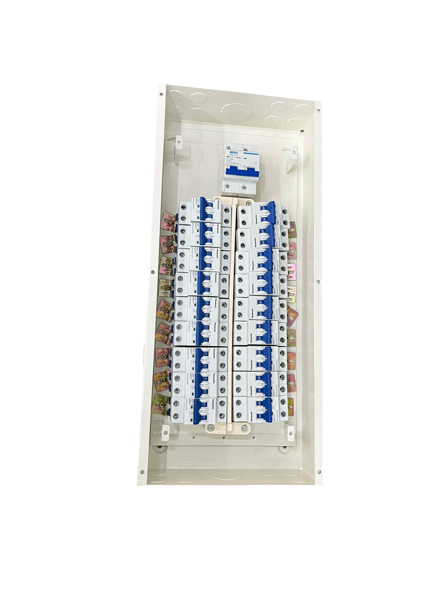 Panel Board 125A 2Pole 10KAIC 220V Main Miniature Circuit Breaker with 18 Branches 2 Pole Miniature Circuit Breaker (Royu) main, ( Panasonic) Branches