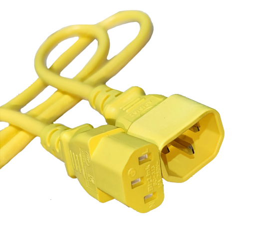 Electx Electrical Supply yellow C13 to C14 Power Cord AWG 16 with durable connectors against black background