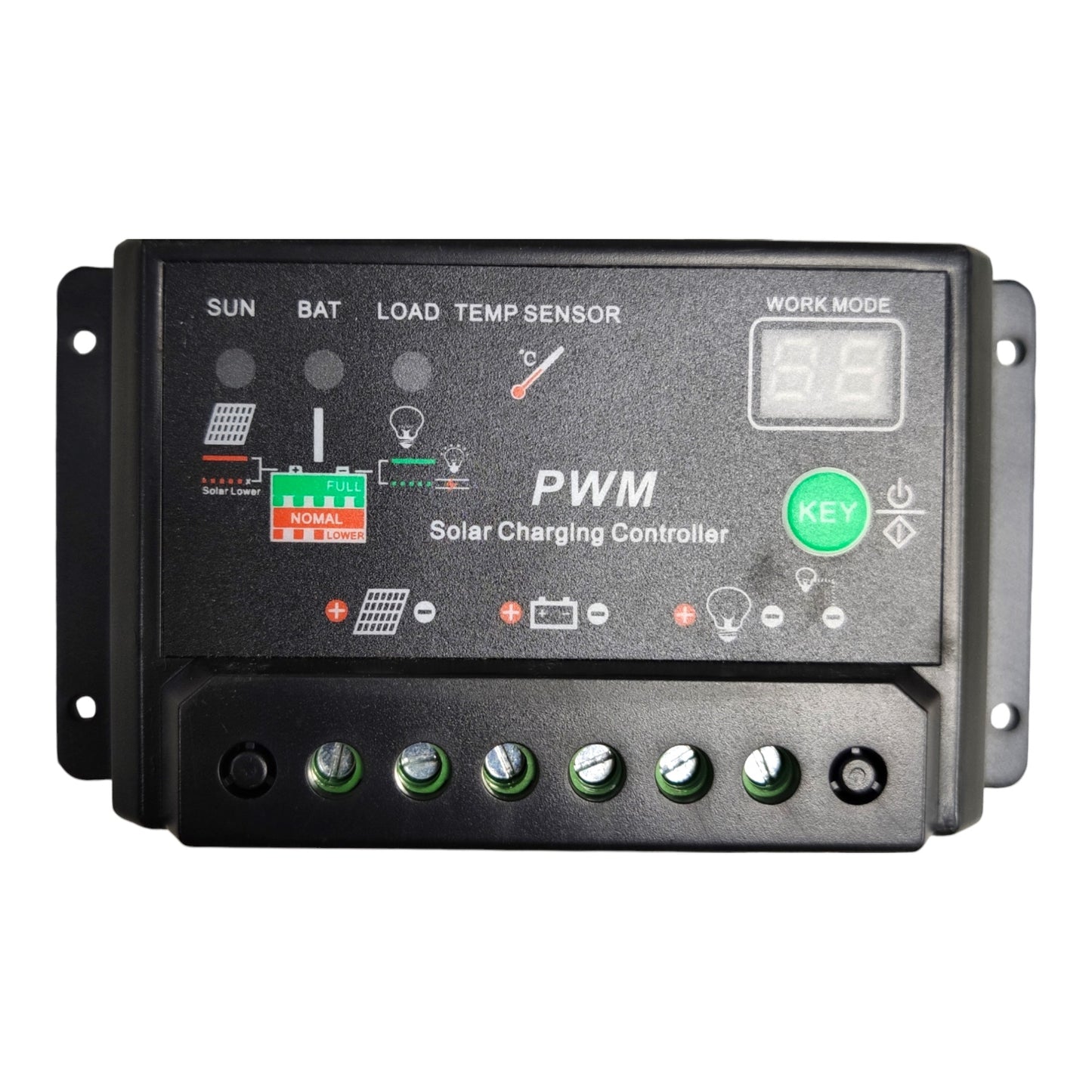 A black PWM solar charging controller unit with a digital display screen, green key button, and multiple terminal connectors on a white background.