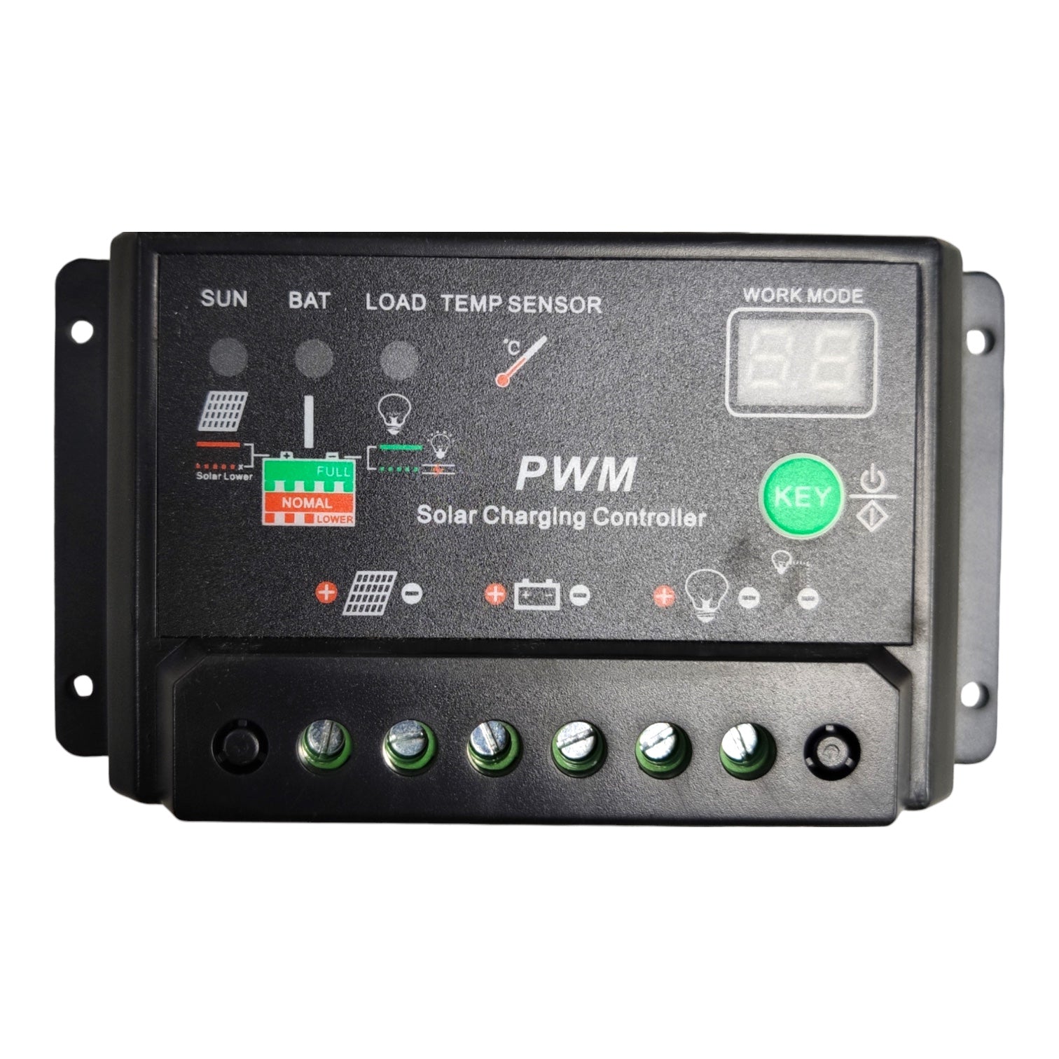 A black PWM solar charging controller unit with a digital display screen, green key button, and multiple terminal connectors on a white background.