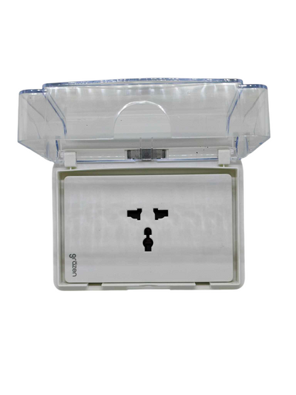 Grazen Weatherproof Cover Transparent with 1 Gang Universal Outlet with Ground 16A 220V WC-019-W+GW-012